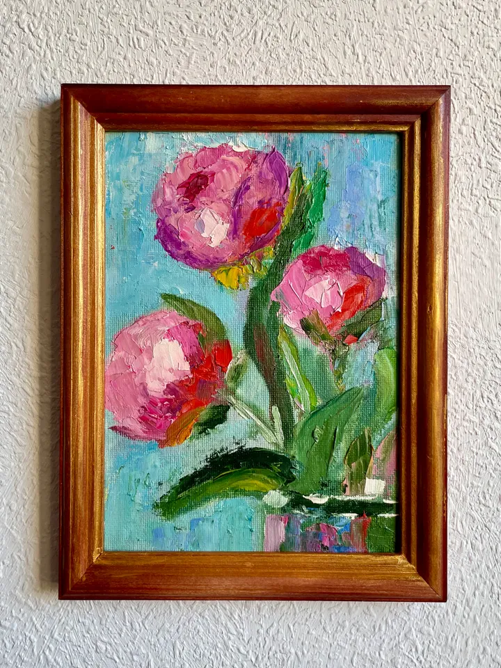 Original oil painting Framed Peony Painting Pink Flower Painting