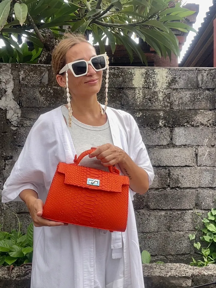 Top handle orange classy genuine python skin bag | exotic leather bags | Elegant women purse | snake skin bag | designer leather bag
