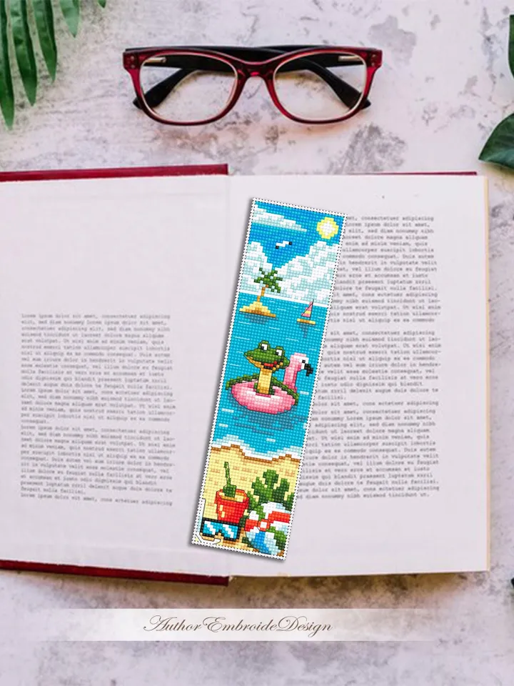 Summer bookmark cross stitch pattern PDF download Funny frog cross stitch chart, Sea bookmark pattern digital PDF, Beach vacation #B449