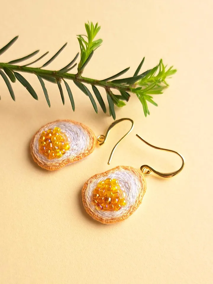 Sunny-Side Up Egg Earrings Hand-Embroidered Foodie Jewelry Quirky Artisan Accessories Boho Food Art Cooking Enthusiast Gift Brunch Outfit