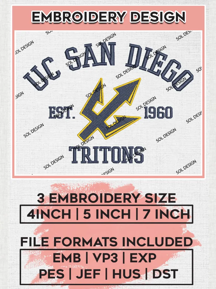 UC San Diego Tritons Team Est 1960 Logo Embroidery Design Files, NCAA UC San Diego Tritons Machine Embroidery, NCAA Teams, Game Day, 3 sizes, NCAA Machine embroidery designs, Digital Download
