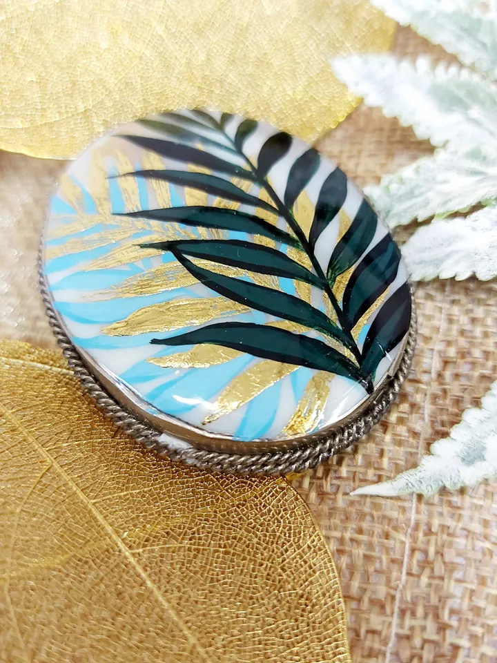 Brooches for women: Green leaves on pearl brooch for girl summer dress • trendy handmade jewelry • dainty painted pin with botanical design