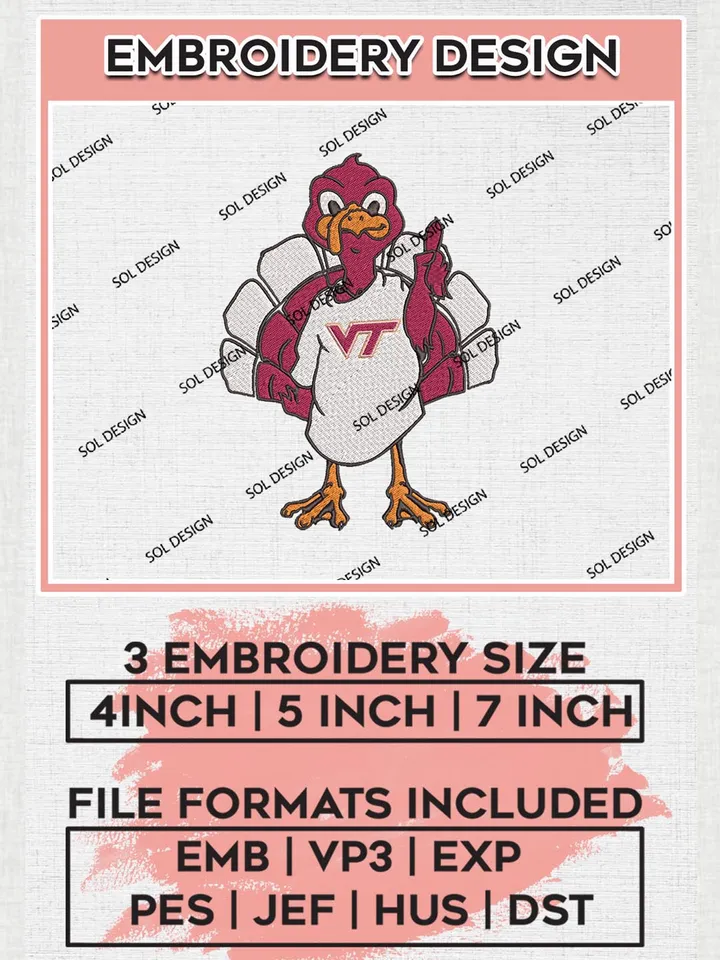 NCAA Virginia Tech Hokies Team Mascot Logo Machine Embroidery Design, NCAA Virginia Tech Hokies Team Design Design files, NCAA Team Embroidery Designs, NCAA Machine Embroidery Designs, Digital Download