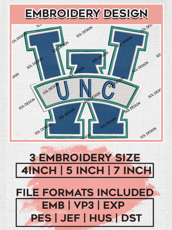 NCAA UNC Wilmington Football Team Logo Embroidery Design Files, NCAA UNC Wilmington Seahawks Machine Embroidery, NCAA Teams, Game Day, 3 sizes, NCAA Machine embroidery designs, Digital Download
