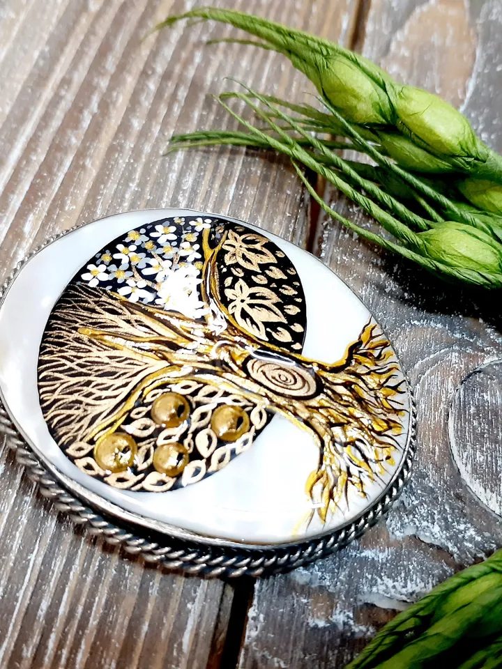 Brooches for women: Tree of life with four seasons on pearl pin • Mother of pearl brooch hand painted in in Klimt style • Dainty brooch