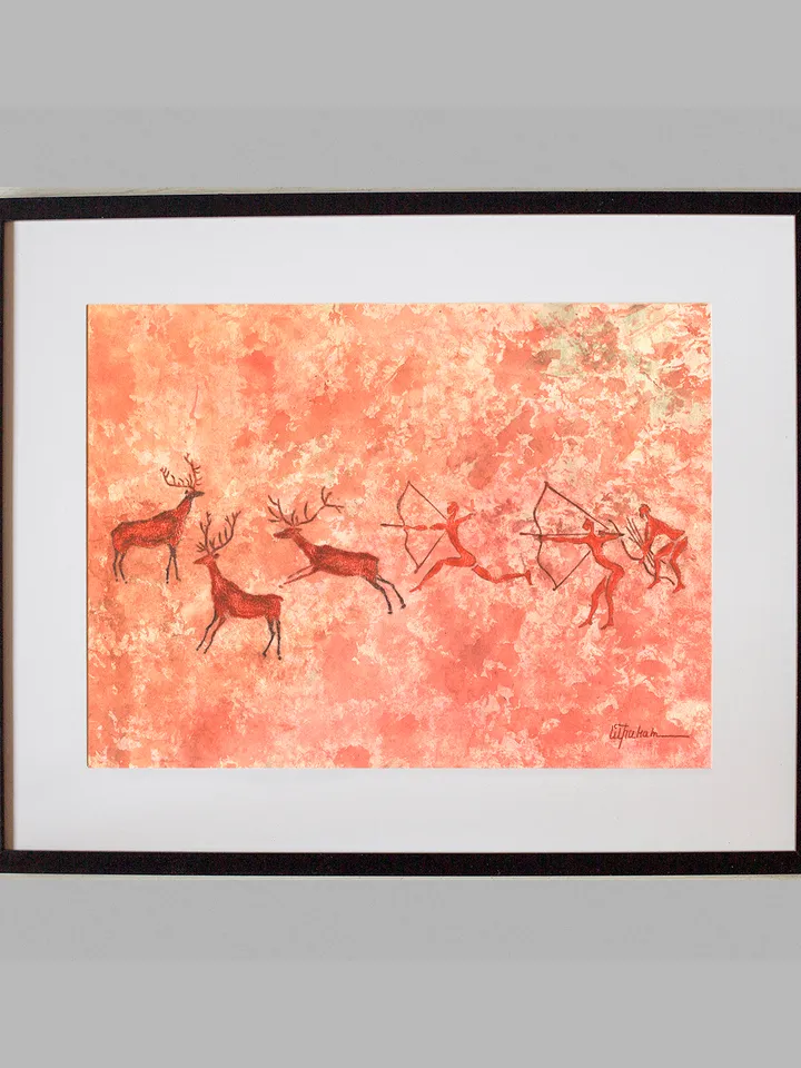 Deer hunting wall art | Original Pastel and Watercolor Artwork Ancient Cave Painting Style | Hunters Prehistoric art | Handmade Artwork | Archers stylization of rock art | Drawings of a prehistoric man | Modular painting