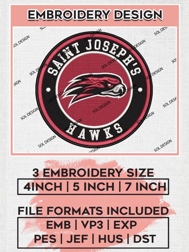 NCAA Saint Joseph's Hawks Round Logo Embroidery, NCAA Saint Josephs Hawks Logo Embroidery files, NCAA Teams, Machine embroidery designs, Digital Download