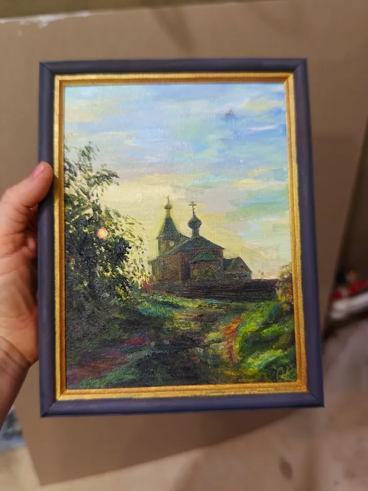 Oil painting wooden church