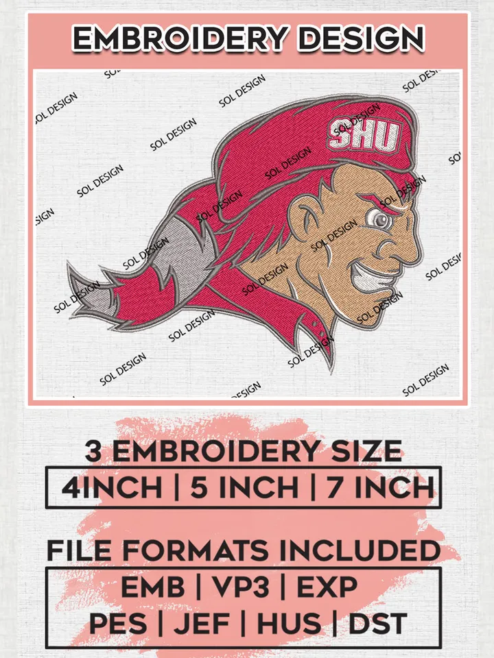 Funny Head Mascot SHU Pioneers Team Logo Embroidery Design Files, NCAA Sacred Heart Pioneers Machine Embroidery, NCAA Teams, 3 sizes, NCAA Machine embroidery designs, Digital Download