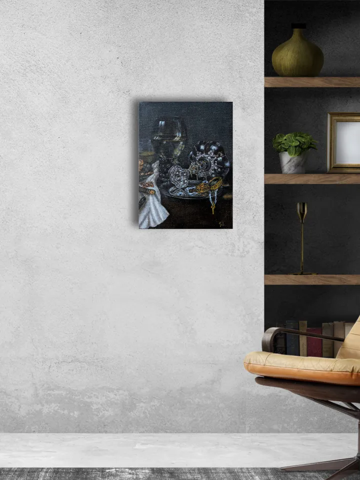 Oil Painting Still Life with Wine Glass, Pie and Antique Clock Original Art 16x12 inches