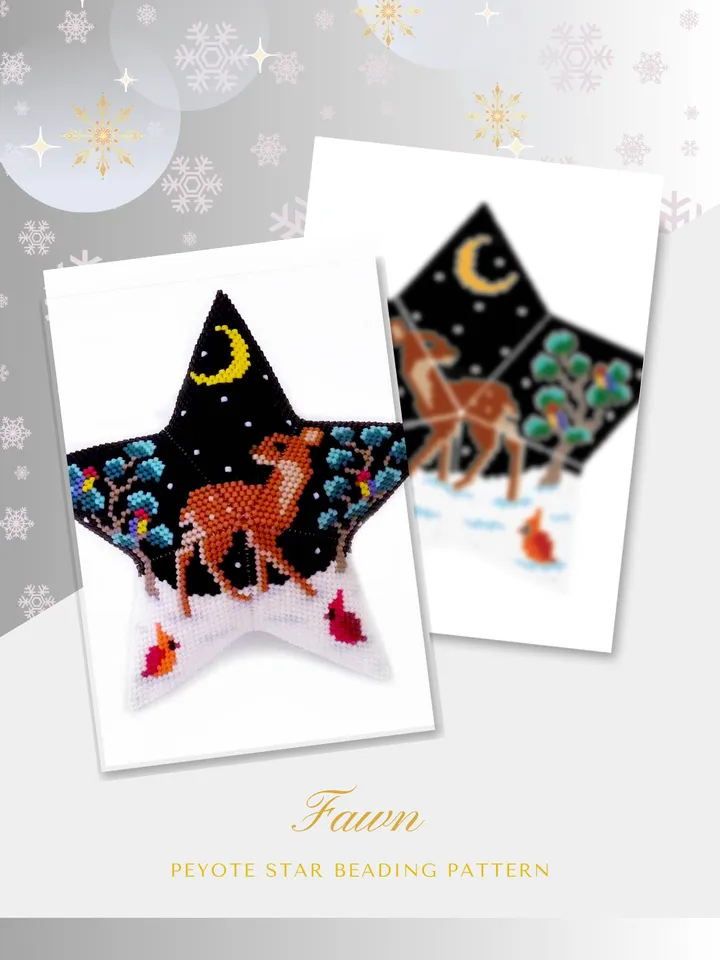 Fawn in Snowy Winter Forest, 3D Peyote Star Beading Pattern, Seed Bead Christmas Ornament, Beaded Star PDF Pattern