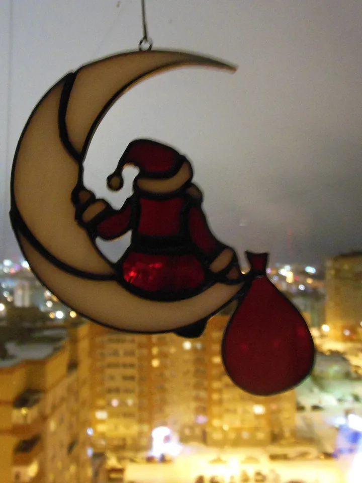 Santa Claus on the Moon . Idea for Christmas gift . Art stained glass window hanging Suncatcher , suspension Suncatcher . Red and White