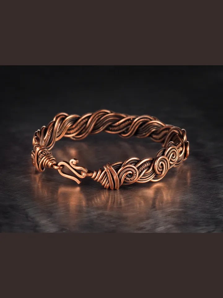 Wire wrapped bracelet, Unique 7th 22nd Anniversary gift idea, Art Nouveau antique style, One of kind braided statement bangle, EMF protection, Handmade oxidized pure copper jewelry, Pain relief