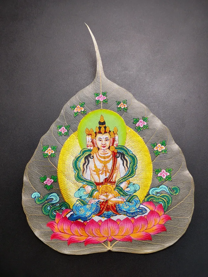 Gandhanra Handpainted Bodhi Leaf Thangka,Packed in Wooden Picture Frame,Painted with Natural Mineral Pigments,Vairocana Thangka