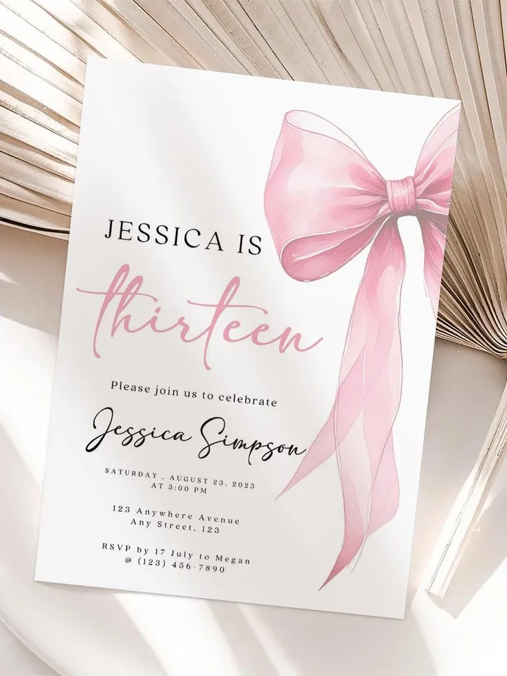 Tween Pink Bow 13th Birthday, Coquette 13th Birthday Invitation, Canva Pink Template, Editable Digital Invite, Trendy Girl Birthday Party