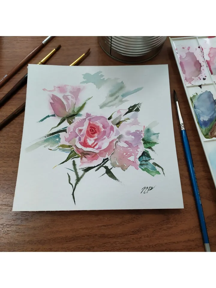 Rose Painting Floral original art 6 by 6 Pink Flower watercolor Pink rose wall art Rose aquarelle by Natalia Plotnikova