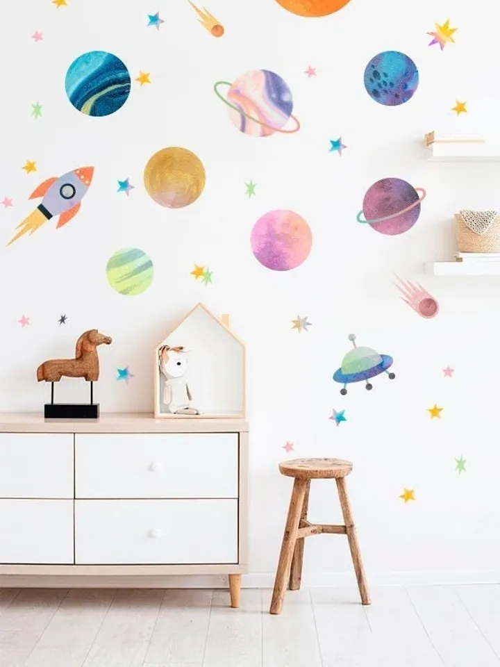 Planets Wall Decal - Watercolor Solar System , Nursery Decals, Planet Wall Decals, Kids Room Wall Decor h101