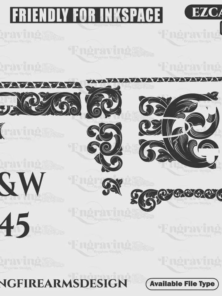 Vector S&W .45 Scroll Design SVG,lasercut,laserengraving,engravingfiles,laserpattern,engravingdesign,engravingpattern,metalart
