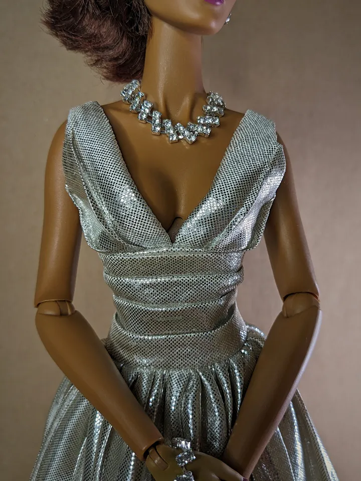 Silver pleated evening dress for 16 inch fashion doll