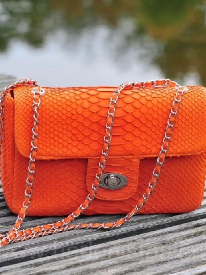 Genuine python skin maxi crossbody orange bag, summer big chain crossbody, elegant classy crossbody bag genuine leather summer | snakeskin