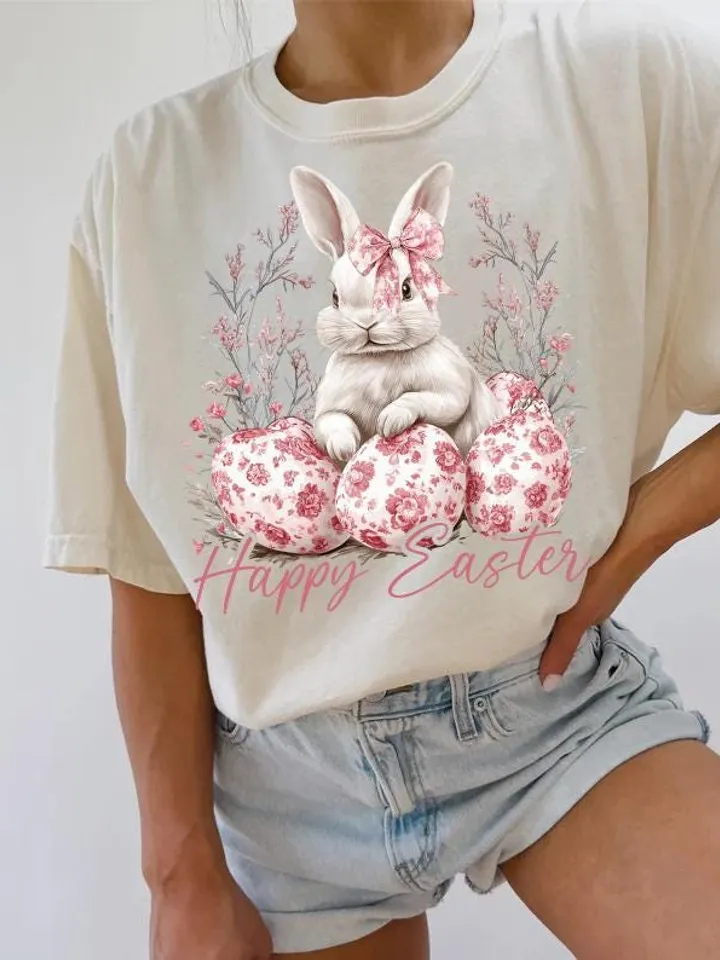 Happy Easter PNG, Grand Millennial Easter Png, Blue Floral Chinoiserie Bunny Png, Pink Toile Easter Rabbit Png, Girls, Easter Coquette Png