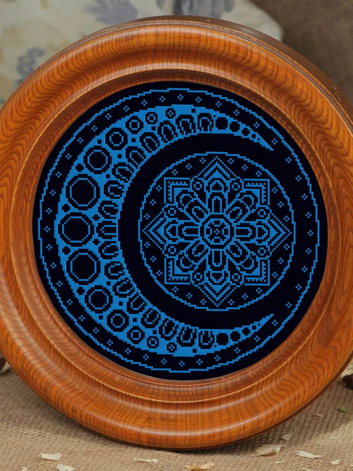 Mandala moon cross stitch pattern download PDF Monochrome mandala digital Floral ornament cross stitch chart Moon embroidery beginners #M39