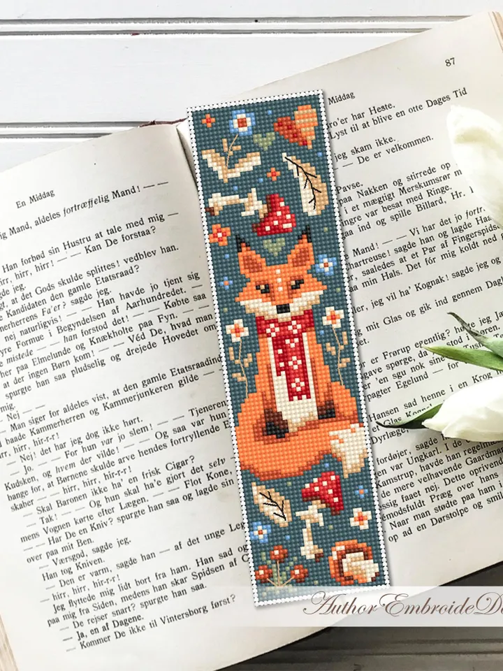 Animal bookmark cross stitch pattern PDF download Scandinavian folk fox cross stitch chart, Autumn bookmark pattern digital PDF #B426