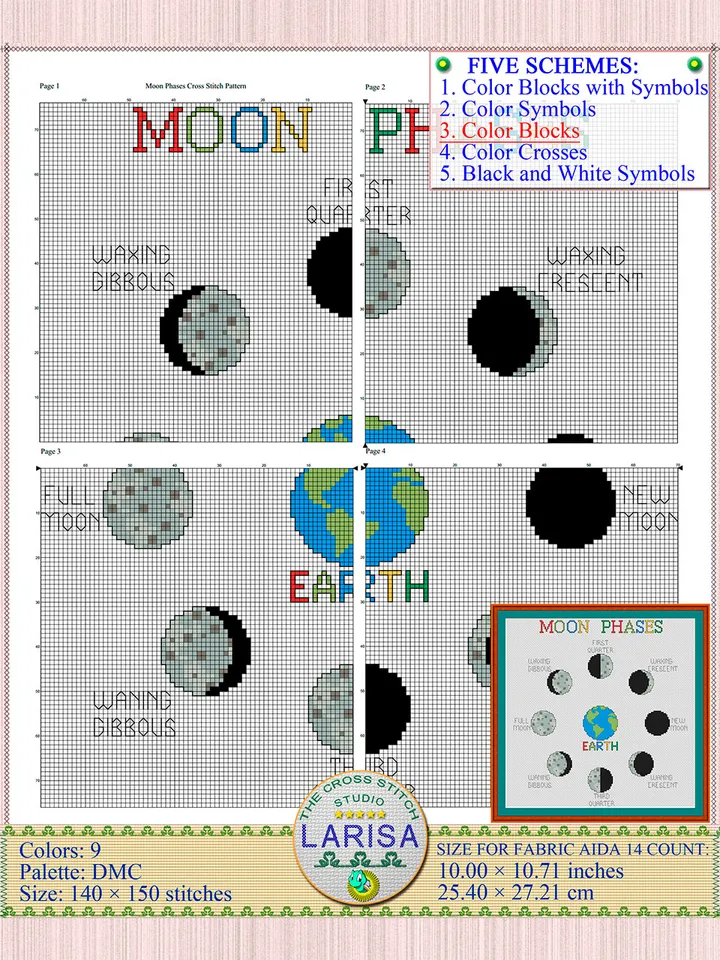 Moon Phases Cross Stitch Pattern | Lunar Phases Chart