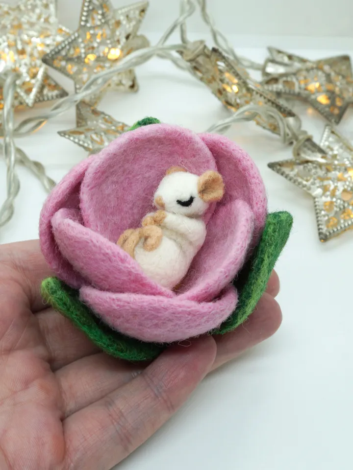 Miniature needle felted mouse sleeping in a pink flower, baby mouse, white mouse, made to order