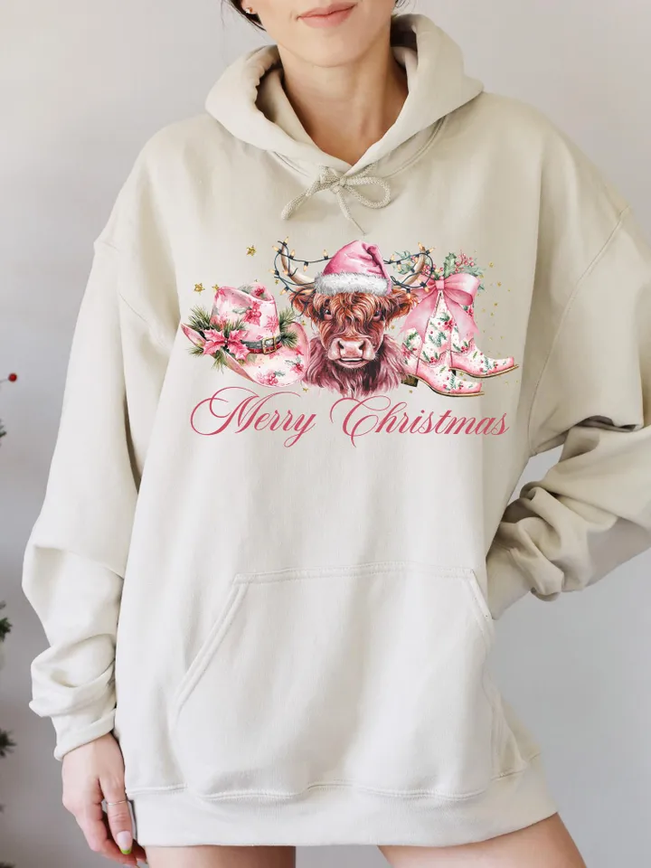 Pink Cowboy Christmas PNG, Merry Christmas, Western Sublimation, Highland cow png, Cowgirl Christmas png, Coquette country Christmas
