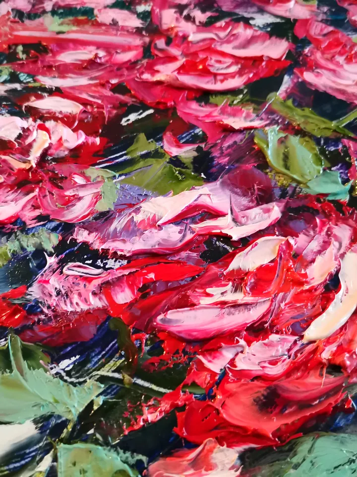 Oil Painting Flower Rose Bushes Trail Landscape Impasto Original Artist Svinar Oksana