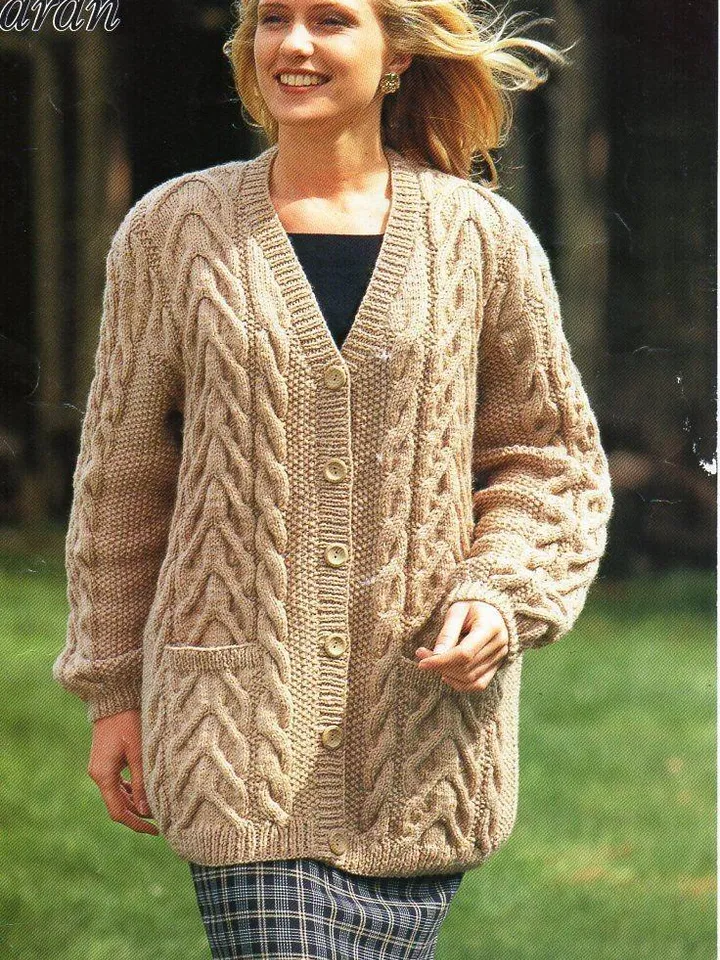 Cardigan jacket long Aran cable chunky women cardigan knitting pattern pdf