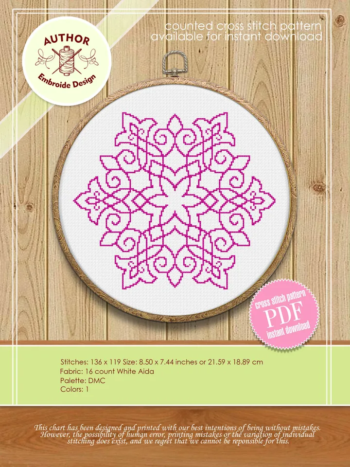 Flower mandala cross stitch pattern download PDF Monochrome mandala pattern digital Floral ornament embroidery Quick cross stitch chart #M82