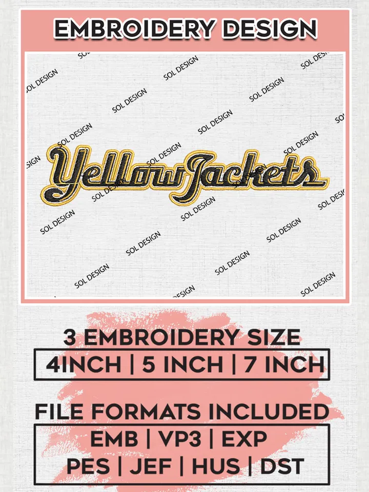 NCAA Yellow Jackets Team Word Logo Embroidery Design Files, NCAA AIC Yellow Jackets Machine Embroidery, NCAA Teams, 3 sizes, NCAA Machine embroidery designs, Digital Download