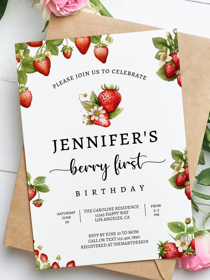 Editable Strawberry First Birthday Invitation Template Girl 1st Birthday Party Invite Berry First Birthday Cute Sweet Printable BF001