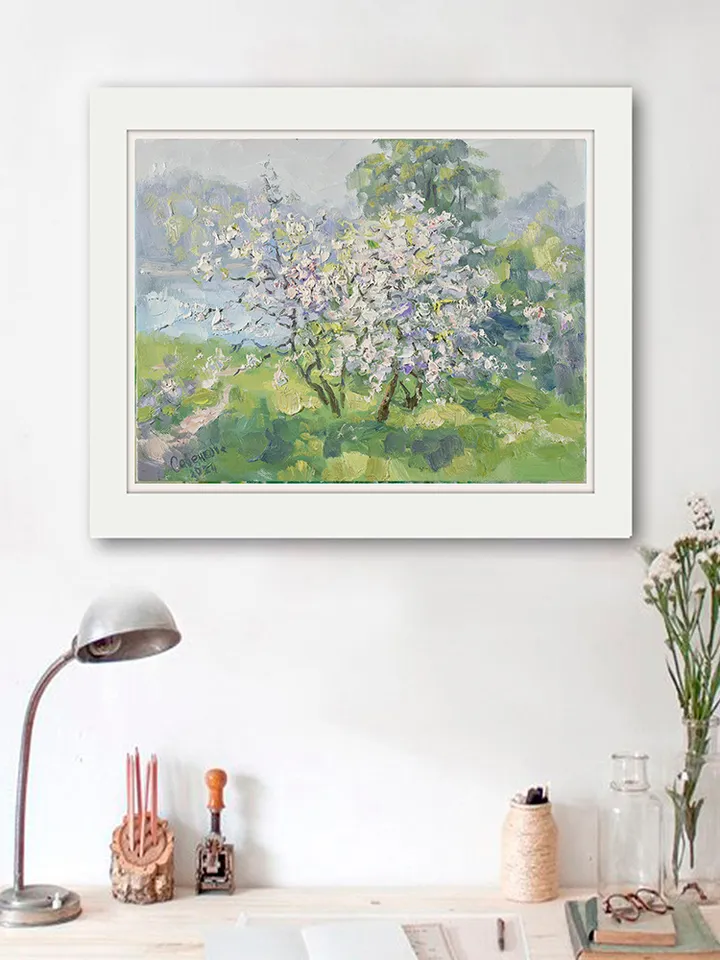 Blooming Apple Painting Trees Original Art Landscape Spring