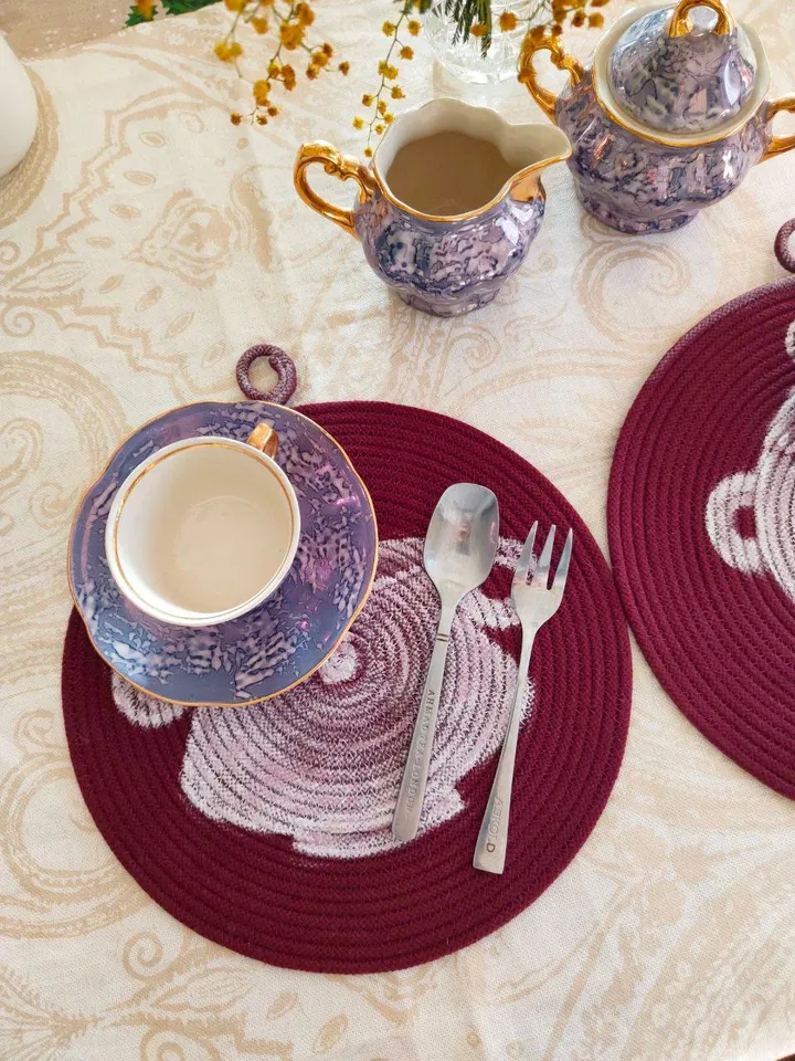 porcelain wall art,set of 3,macrame wall hanging,quilted amphora,burgundy decor,burgundy napkin,coaster,sorority wall art,cloth placemat set