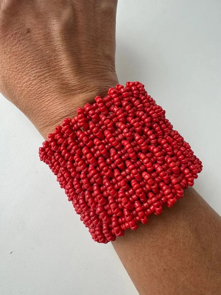 Wide Beaded Handmade Women Bracelet | White Bracelet | Bead Bracelet | Red  Summer Bracelet | Chic Bracelet | Evening  Classy Bracelet