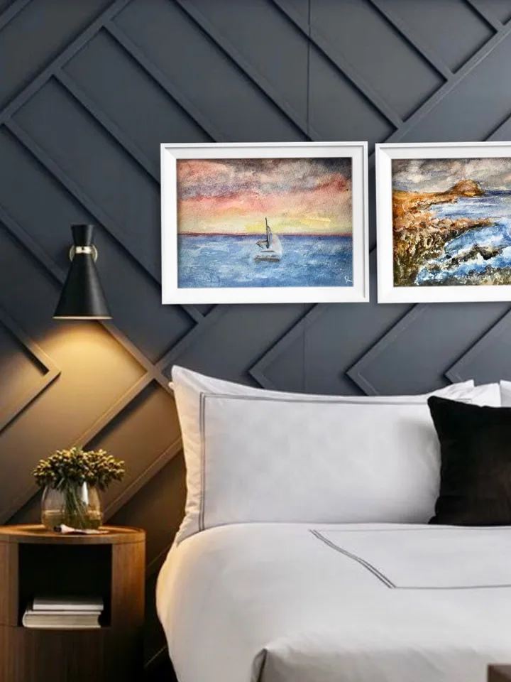 Set of 2 original watercolor seascapes, watercolour wall art,ocean,boat,sunset,rocks painting,Canarian Islands wall art,unique gifts.