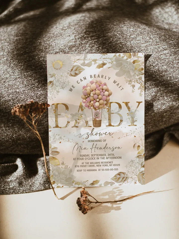 Gender Neutral Teddy Bear hot air balloons baby shower template; We can bearly wait invitation template; teddy bear balloons baby shower