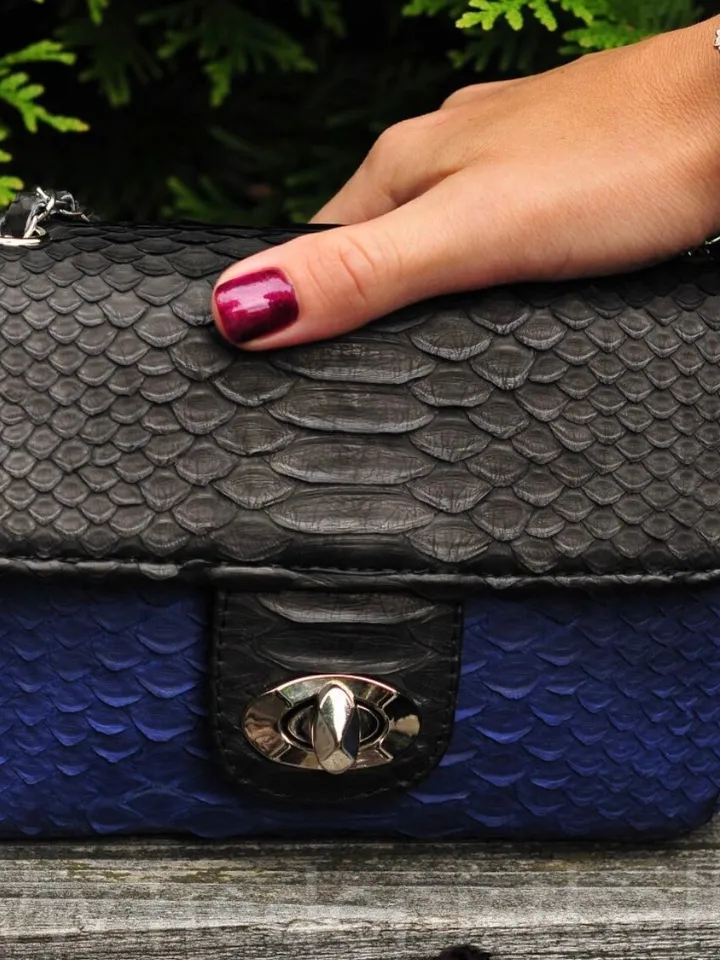 Genuine Python Skin crossbody black and blue bag | Adjustable Chain Classy Elegant Crossbody Small Lady Classy Bag | Python ColorblockPurse