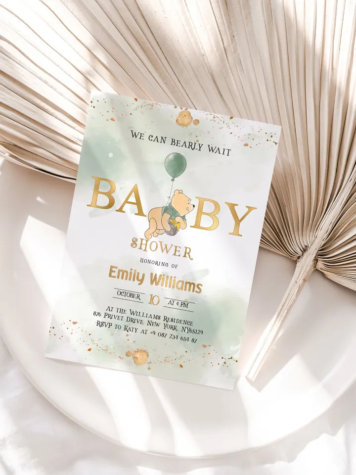 Classic Winnie Pooh Baby Shower Invitation Set; Neutral Baby Shower Template; Wizard Baby Shower Invite; Honey Bear Invite; Winnie Pooh wp9