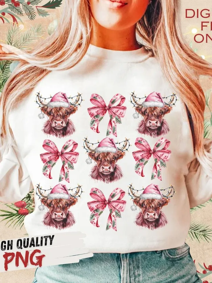 Highland Cow png,Christmas Lights PNG,Farm Animal Christmas PNG,Farmer Christmas png, Western png, Christmas png, pink country Christmas png