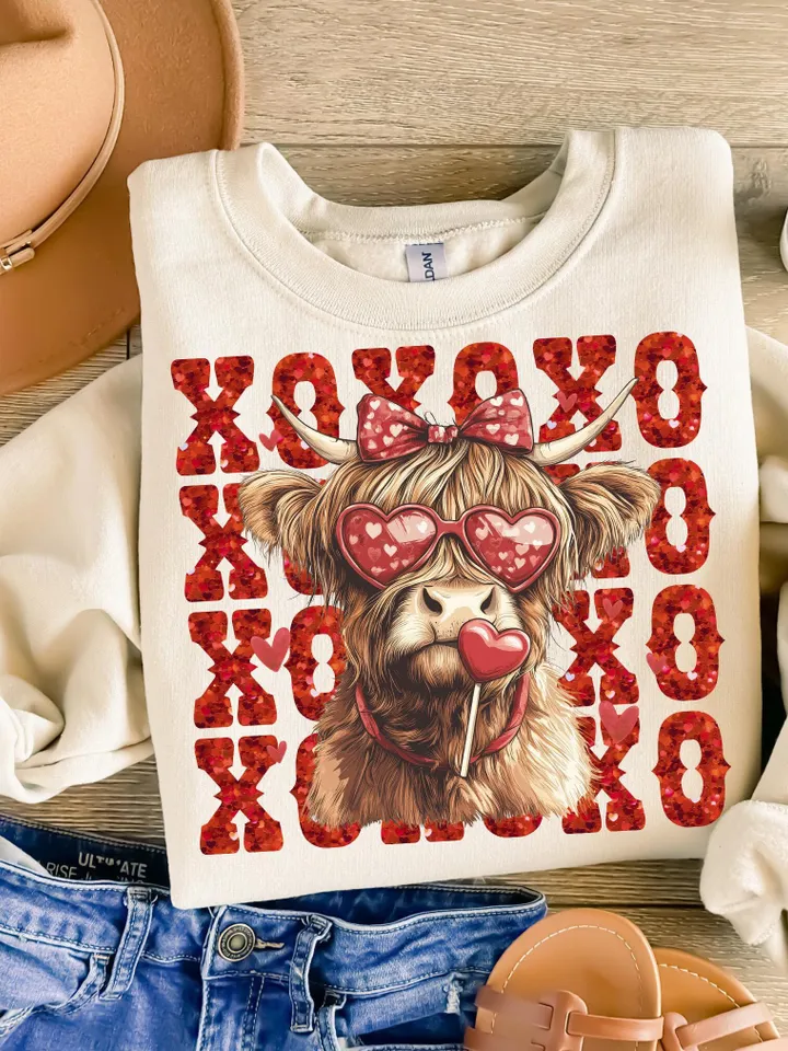 Xoxo Valentine Highland Cow Vibes Png, Valentine's Day XOXO Png, Valentine Coquette Png, Valentine Country Girl Png, Western Valentine Png