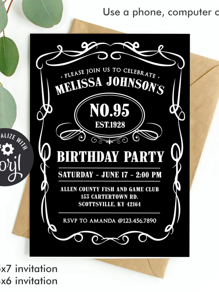 95th Birthday Invitation for Men, Vintage Whiskey Themed Birthday Invitation, Birthday Party Invite, Liquor Themed Birthday Invitation