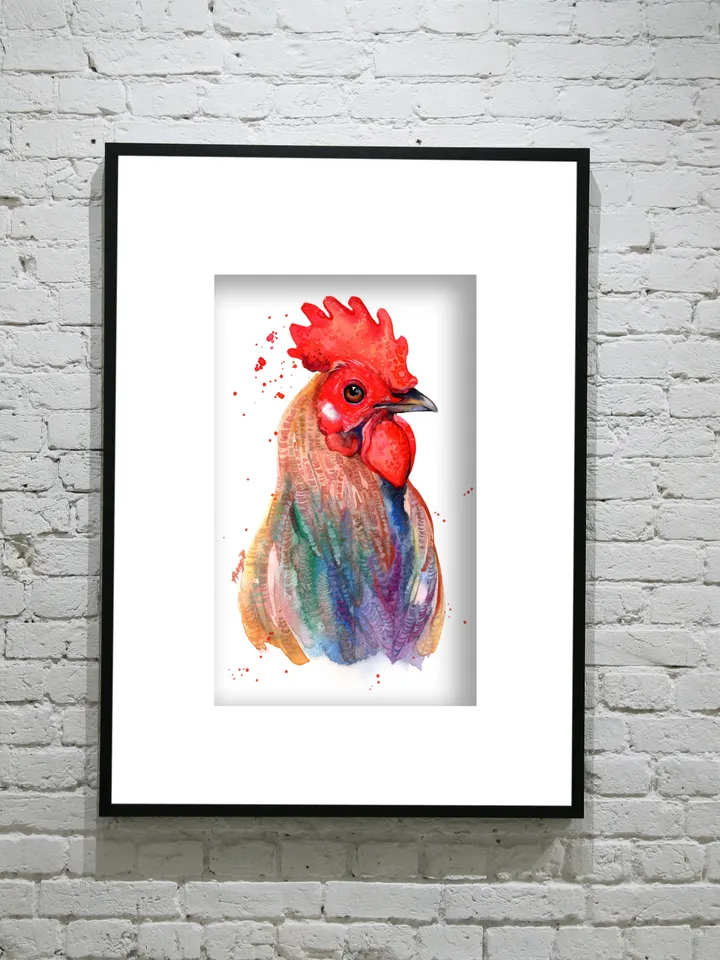 Rooster Original watercolor, farm bird painting, bird lover gift, wall decor, 8x11 in handmade birds art by Anne Gorywine