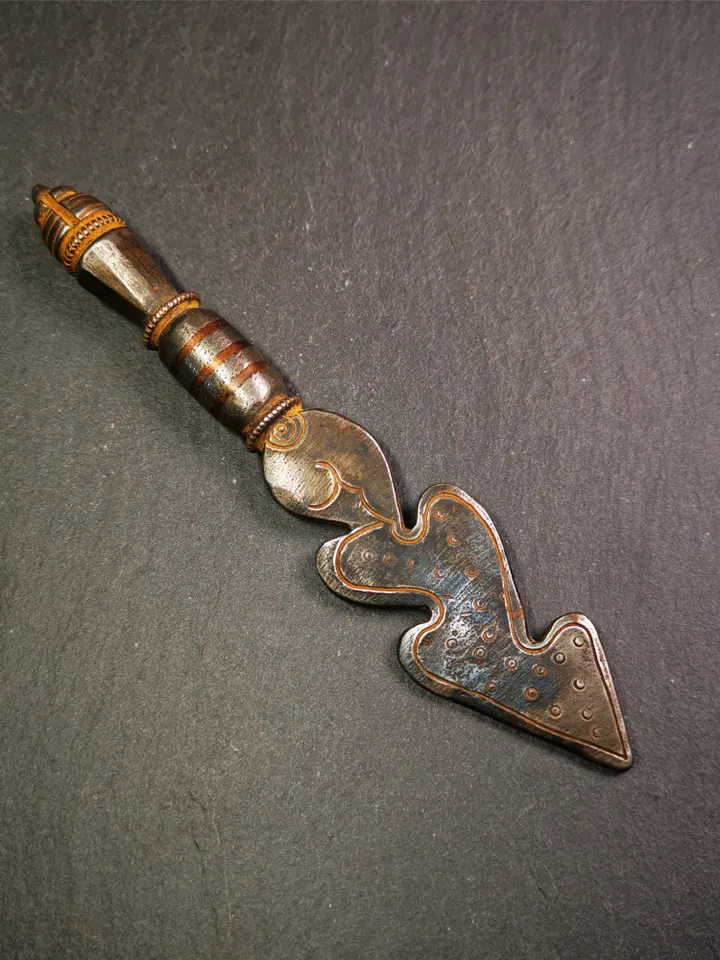 Gandhanra Handmade Tibetan Buddhist Ritual Implement - Kila - Snake Spear, Made of Cold Iron inlaid with Copper,5.5"