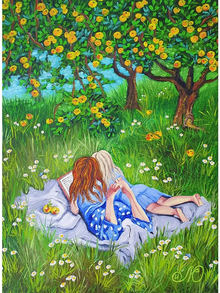 Girls Painting Apple Tree Original Art Sisters Artwork Woman Wall Art Oil Canvas
