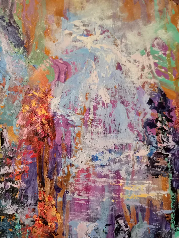 Waterfall Forest Abstract Sunset Impasto Art Large Original Oil Painting Canvas Artist Svinar Oksana
