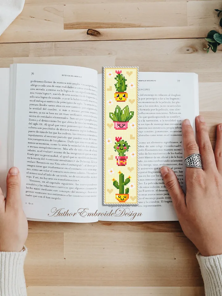 Cactus bookmark cross stitch pattern PDF download Kawaii cactus cross stitch chart, Floral bookmark pattern digital PDF, Potted plants #B341